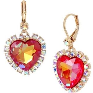Betsey Johnson Gold Tone Pink Heart Drop  Iridescent Crystal Accents Earrings